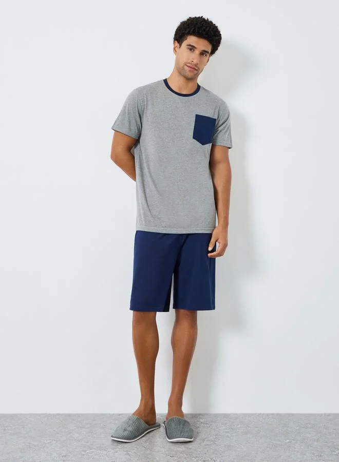 Styli  Men Grey Contrast Pocket T-Shirt and Shorts Pyjama Set for Men | Best Price UAE